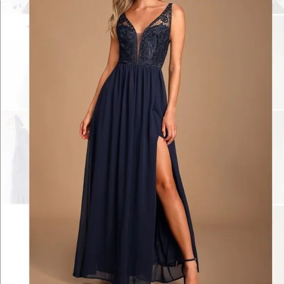 Lulus | Dresses | New Melvina Navy Blue Lace Chiffon Maxi Dress | Poshmark